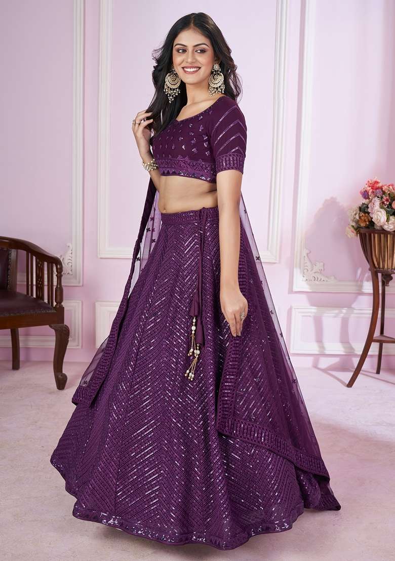 Purple Embroidered Georgette Lehenga Set for Diwali and Festive Wear - Indya