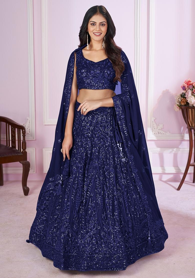 Blue Embroidered Georgette Lehenga Set