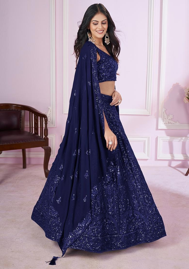 Blue Embroidered Georgette Lehenga Set