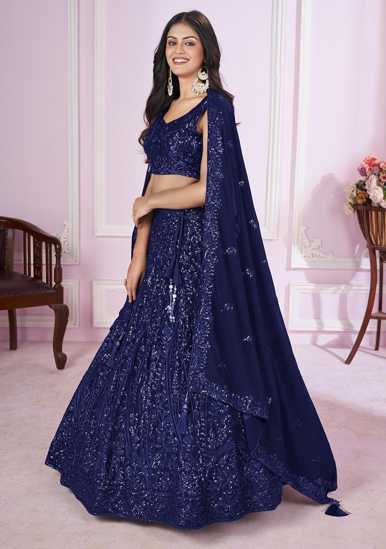 Blue Embroidered Georgette Lehenga Set