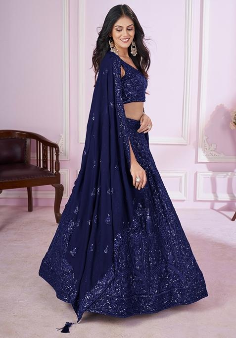 Blue Embroidered Georgette Lehenga Set