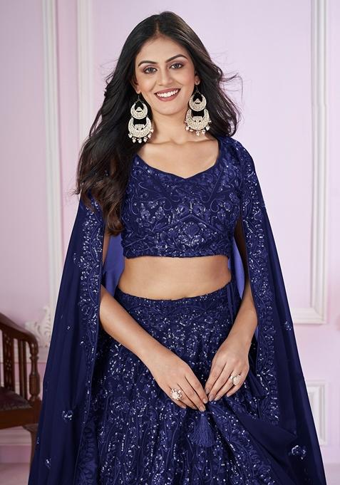 Blue Embroidered Georgette Lehenga Set