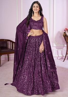 Purple Embroidered Georgette Lehenga Set