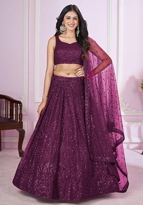 Purple Embroidered Soft Net Lehenga Set