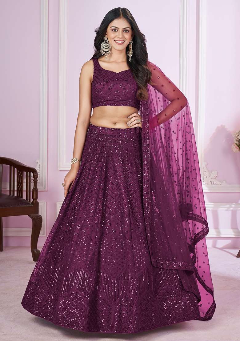 Purple Embroidered Soft Net Lehenga Set for Diwali and Festive Wear - Indya