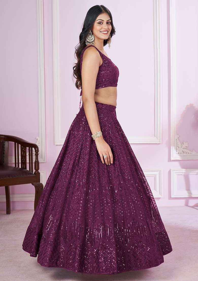 Purple Embroidered Soft Net Lehenga Set for Diwali and Festive Wear - Indya