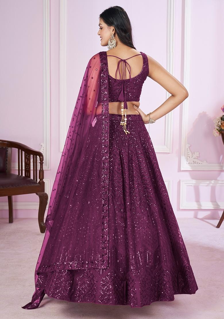 Purple Embroidered Soft Net Lehenga Set