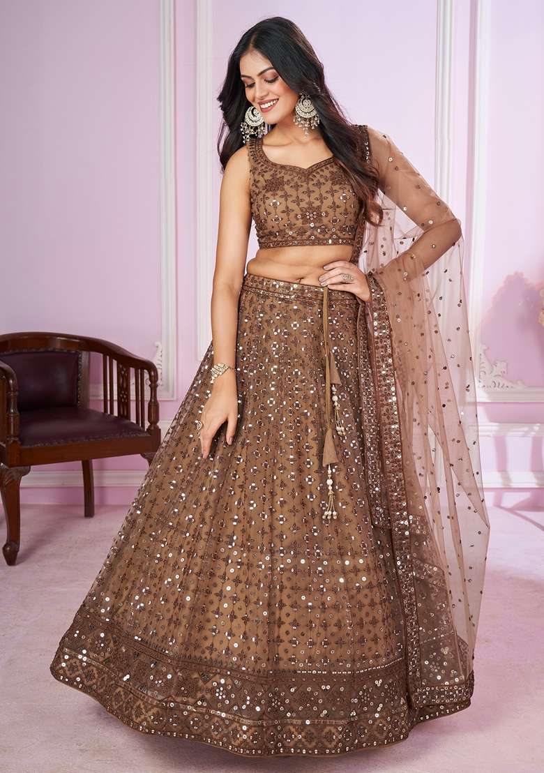 Brown Embroidered Soft Net Lehenga Set for Diwali and Festive Wear - Indya
