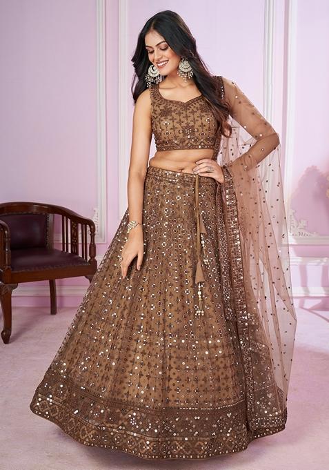 Brown Embroidered Soft Net Lehenga Set