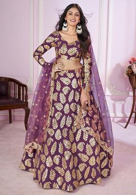 Purple Embroidered Georgette Lehenga Set