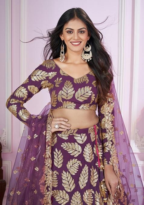 Long Kurti Style Purple Georgette Embroidered Lehenga Suit