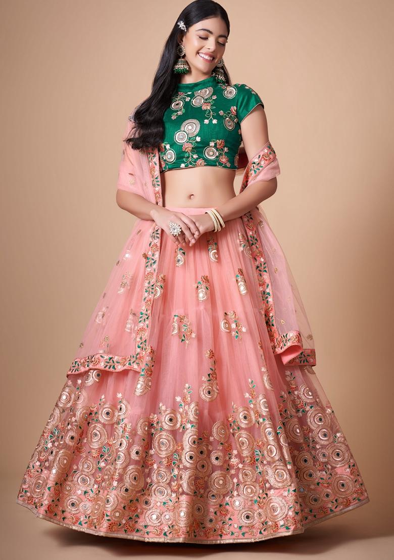 Peach Embroidered Soft Net Lehenga Set