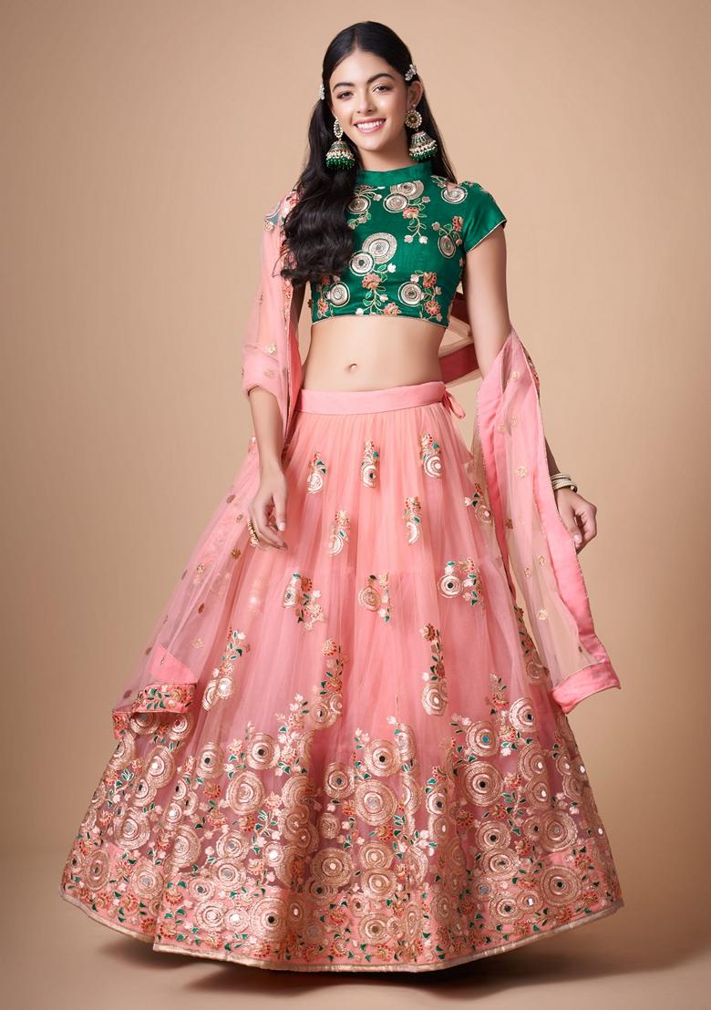 Peach Embroidered Soft Net Lehenga Set