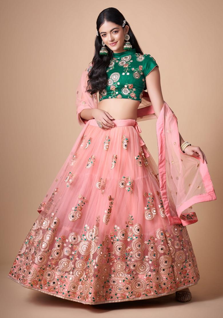 Peach Embroidered Soft Net Lehenga Set