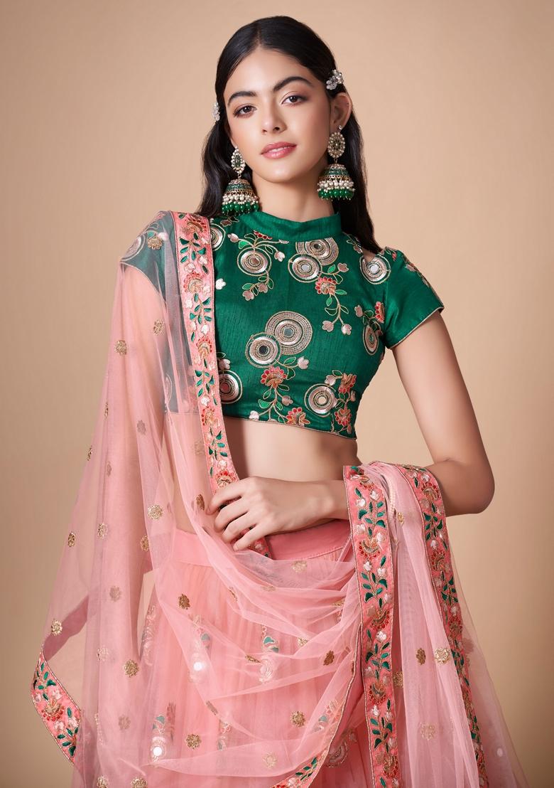 Peach Embroidered Soft Net Lehenga Set