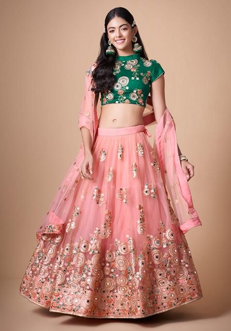 Peach Embroidered Soft Net Lehenga Set