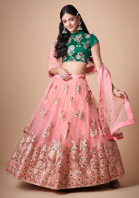 Peach Embroidered Soft Net Lehenga Set
