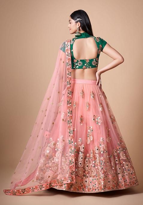 Peach Embroidered Soft Net Lehenga Set