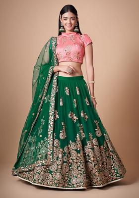 Green Embroidered Soft Net Lehenga Set