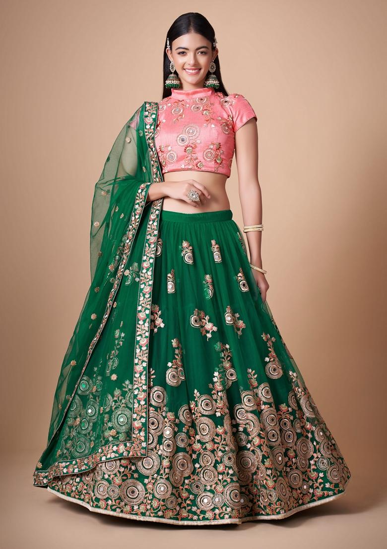 Green Embroidered Soft Net Lehenga Set