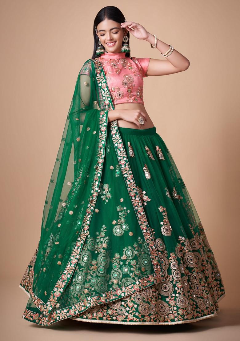 Green Embroidered Soft Net Lehenga Set