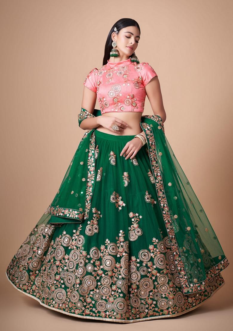 Green Embroidered Soft Net Lehenga Set