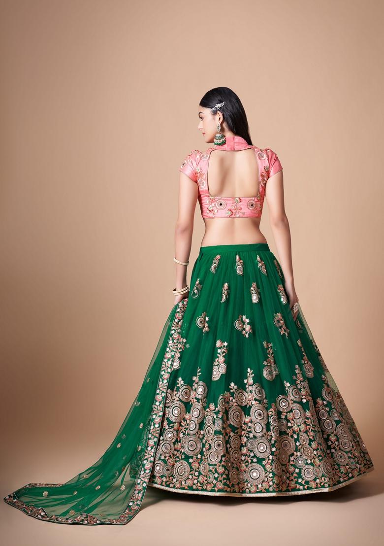 Green Embroidered Soft Net Lehenga Set