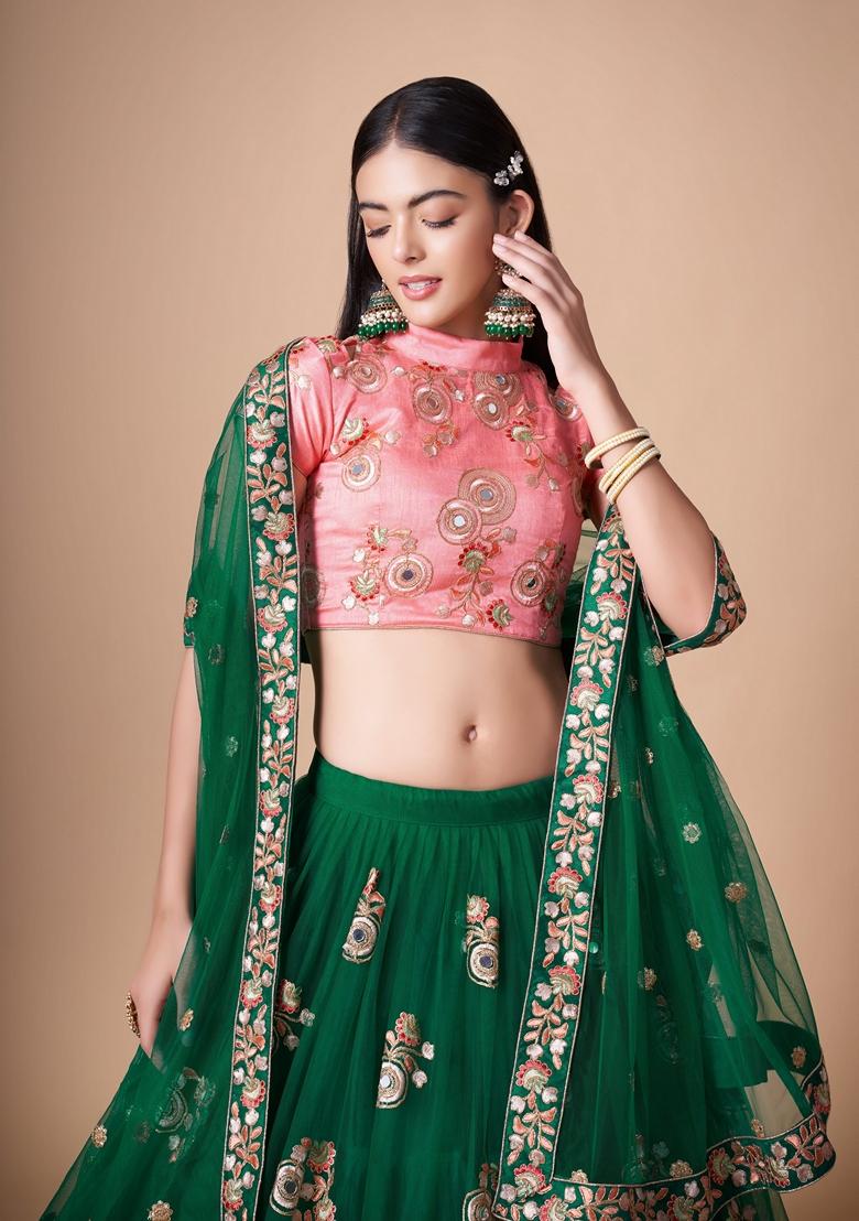 Green Embroidered Soft Net Lehenga Set