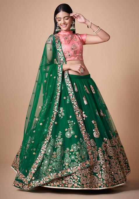Green Embroidered Soft Net Lehenga Set