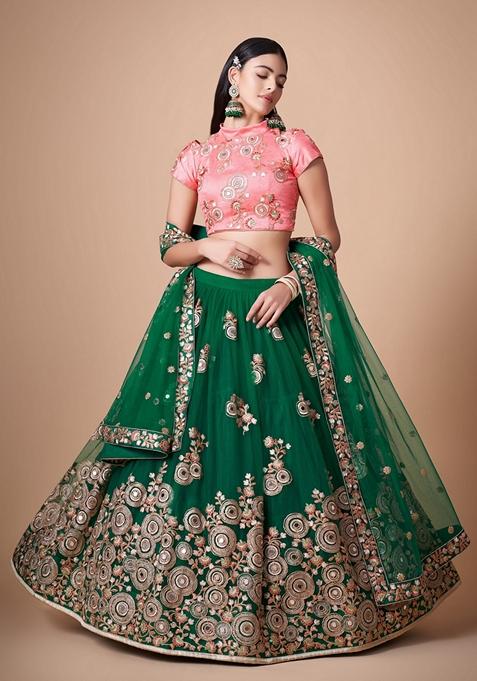 Green Embroidered Soft Net Lehenga Set