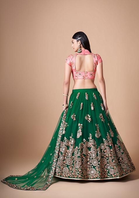 Green Embroidered Soft Net Lehenga Set
