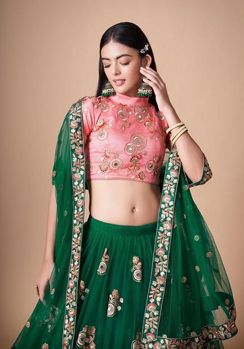 Green Embroidered Soft Net Lehenga Set