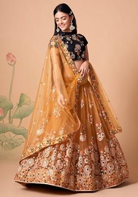 Golden Embroidered Soft Net Lehenga Set