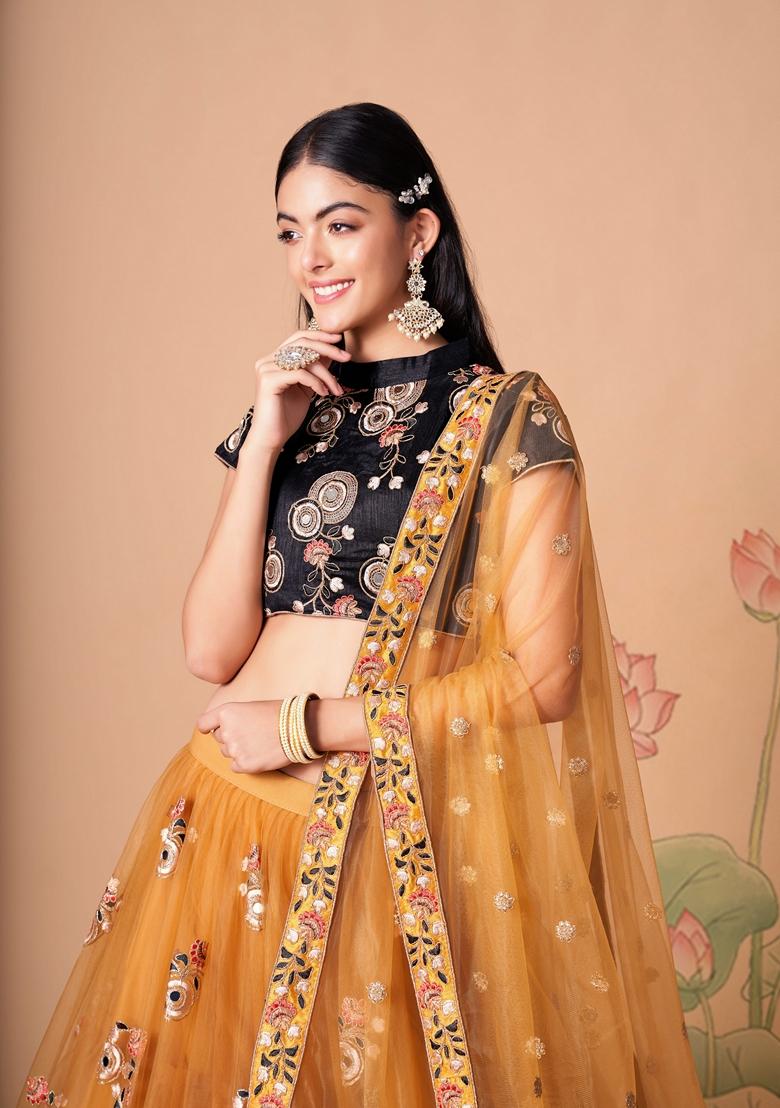 Golden Embroidered Soft Net Lehenga Set