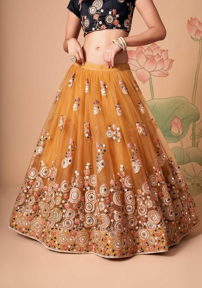 Golden Embroidered Soft Net Lehenga Set