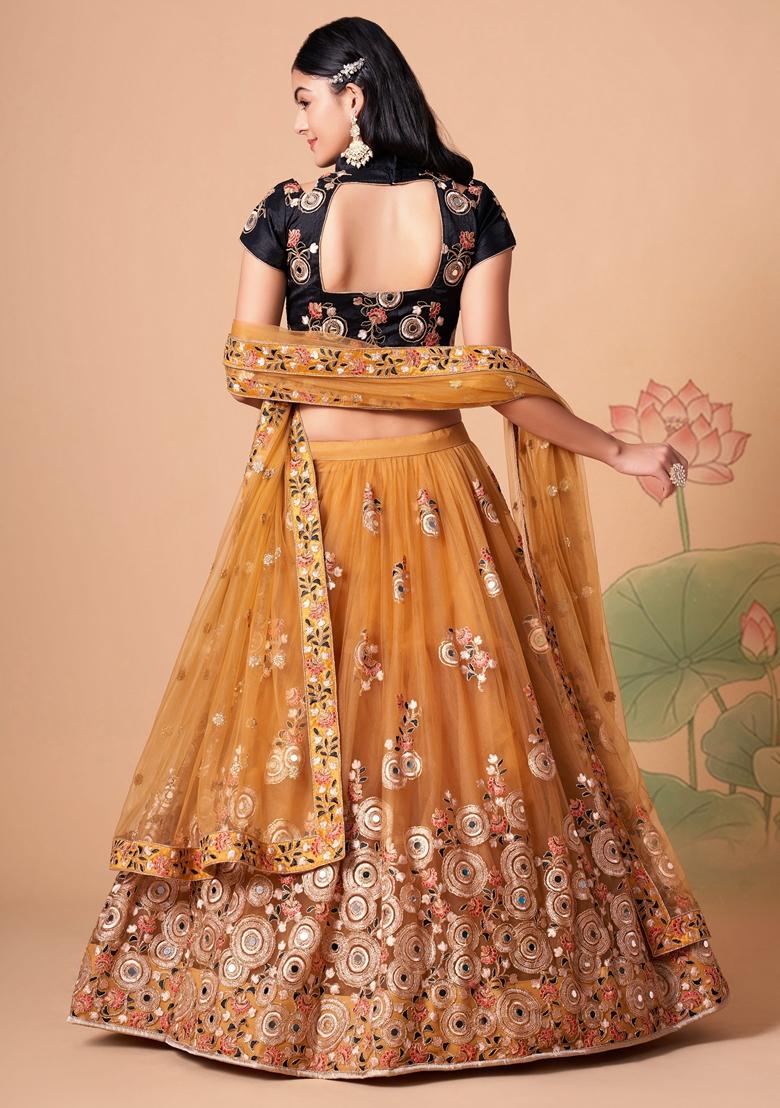 Golden Embroidered Soft Net Lehenga Set