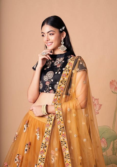 Golden Embroidered Soft Net Lehenga Set