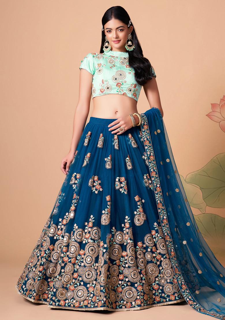 Blue Embroidered Soft Net Lehenga Set