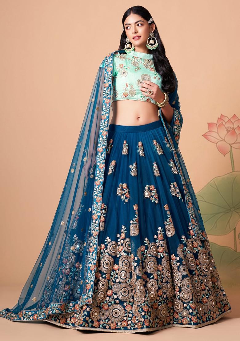 Blue Embroidered Soft Net Lehenga Set