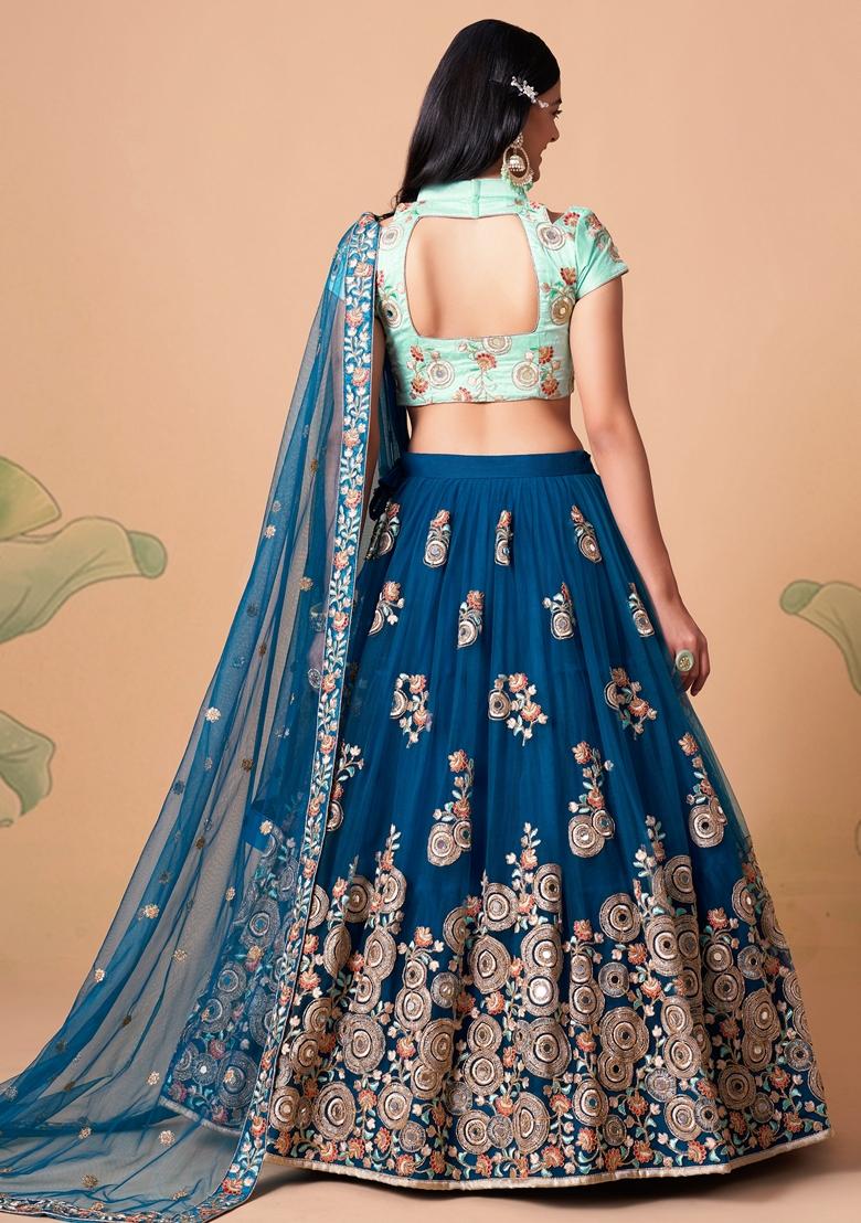 Blue Embroidered Soft Net Lehenga Set