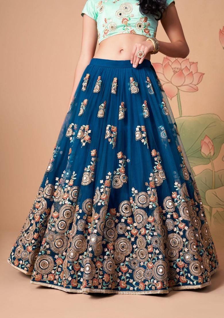 Blue Embroidered Soft Net Lehenga Set