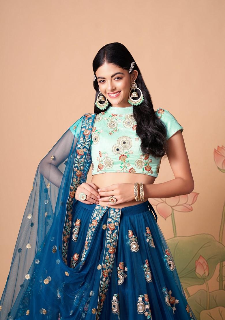 Blue Embroidered Soft Net Lehenga Set