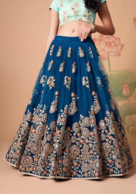 Blue Embroidered Soft Net Lehenga Set