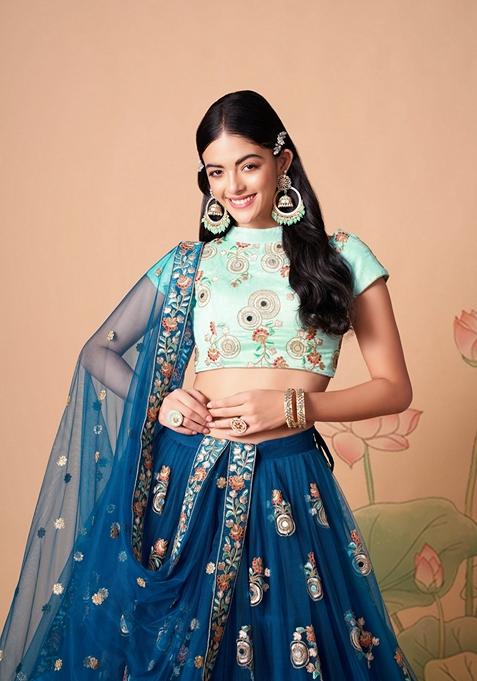 Blue Embroidered Soft Net Lehenga Set