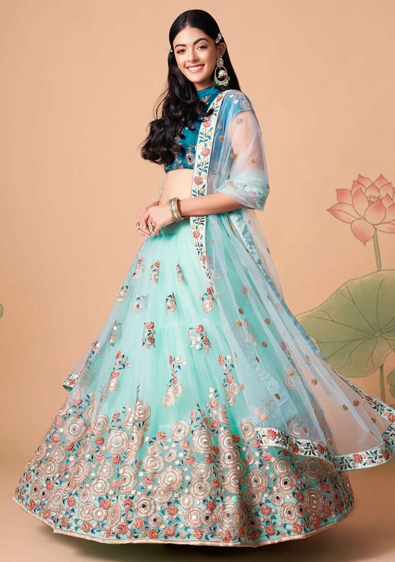 Sky Blue Soft Net Lehenga Set with Embroidered for Diwali | Wedding & Festive Wear - Indya