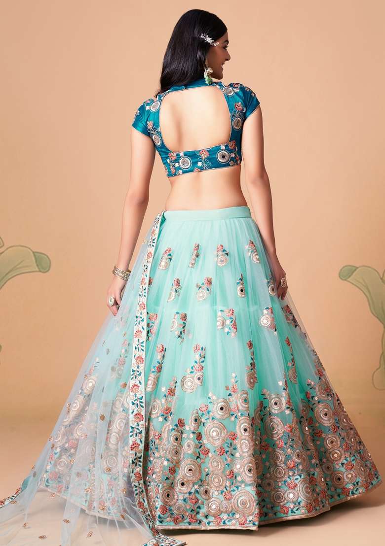 Sky Blue Soft Net Lehenga Set with Embroidered for Diwali | Wedding & Festive Wear - Indya