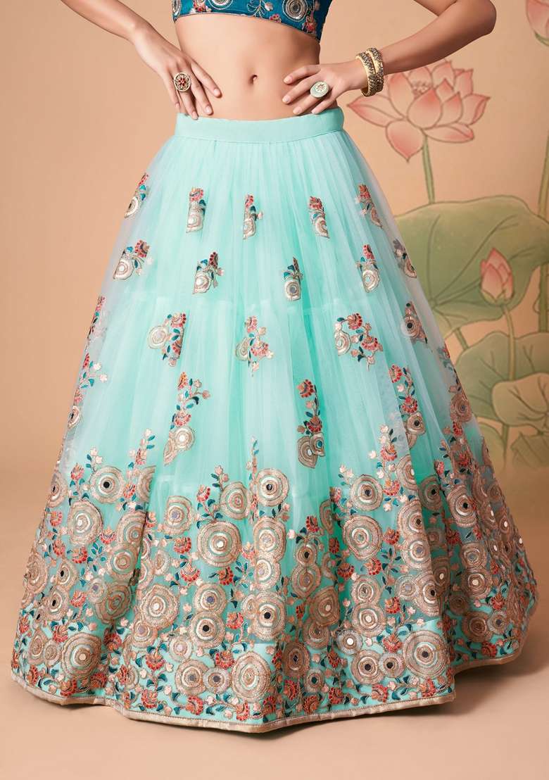 Sky Blue Soft Net Lehenga Set with Embroidered for Diwali | Wedding & Festive Wear - Indya