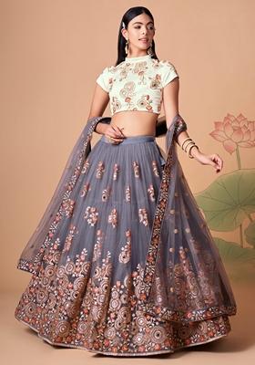 Grey Embroidered Soft Net Lehenga Set