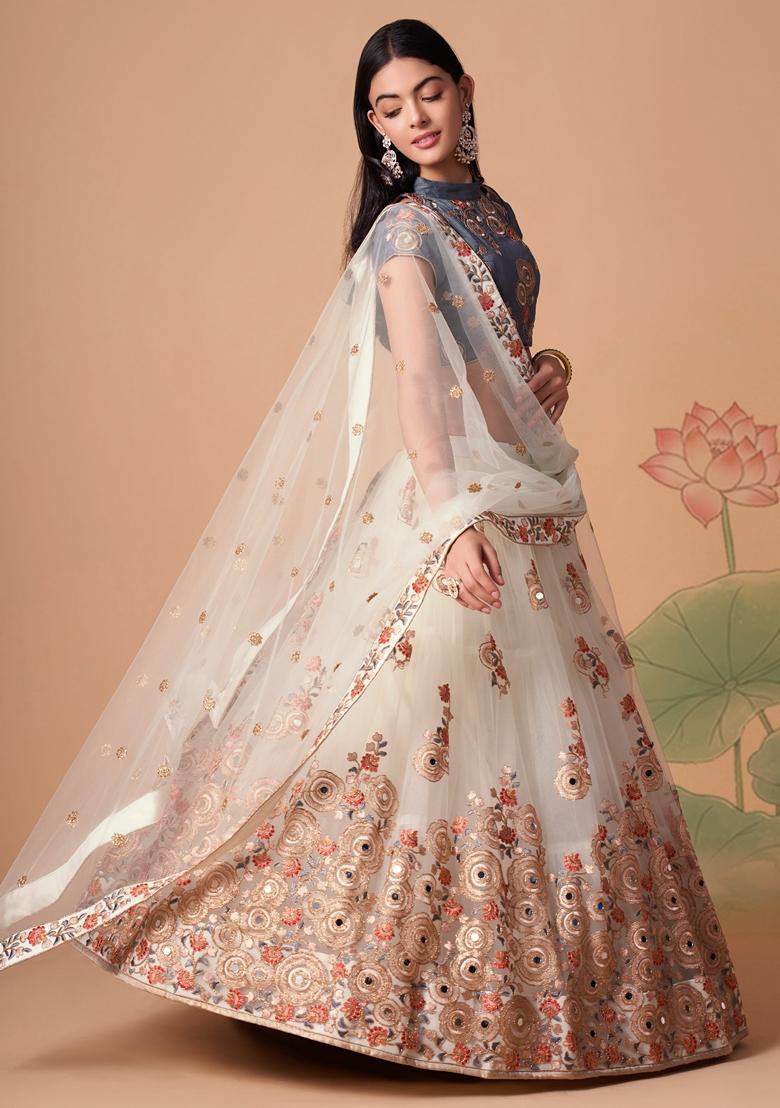 Off White Embroidered Soft Net Lehenga Set