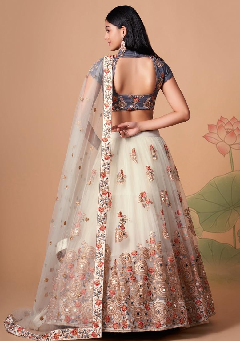 Off White Embroidered Soft Net Lehenga Set